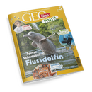 Titelbild der Kinderzeitschrift „GEOlino mini“ mit gelbem Rand und Foto eines hellgrauen Flussdelfins, der aus grünem Wasser springt, im Hintergrund dichte Vegetation. Schriftzüge: „Spitze Schnauze! Flussdelfin“, „KINDER Carissa bei den Bienen“, „WISSEN Komm mit auf Schatzsuche“, „SUCHEN Alles in toller Unordnung“ sowie Altersangabe „ab 5 Jahren“. Oben links Logo „GEOlino mini“ in Weiß, Rot und Grün.