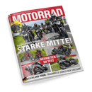 Titelbild der Zeitschrift „MOTORRAD“ vom 23.5.2025 mit acht Motorradfahrenden auf verschiedenen Naked Bikes nebeneinander auf der Straße, Hauptüberschrift in Großbuchstaben: „STARKE MITTE!“, aufgelistete Modelle: Honda CB 750 Hornet, Kawasaki Z 650, Suzuki GSX-8S, Triumph Trident 660 und Yamaha MT-07; zusätzliche Textelemente: „Vergleichstest Nakeds“, „NEUHEITEN IM TEST“, „Deutschland-Tour: Traumreise durch den Spessart“.