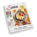 Titelblatt der Zeitschrift „Servus – einfach gut leben“, Ausgabe Mai. Auf weißem Hintergrund zentrale Abbildung einer Hand, die mit einem Eisportionierer Vanilleeis aus einer Schüssel mit Erdbeeren und Gräsern schöpft. Überschrift: „Oh, süßer Mai!“. Weitere Textelemente: „Wie werde ich glücklich?“, „Wohnen im Dreiseithof“, „Heimat im Quadrat“. Farbakzente in Gelb, Weiß, Rot und Naturtönen.