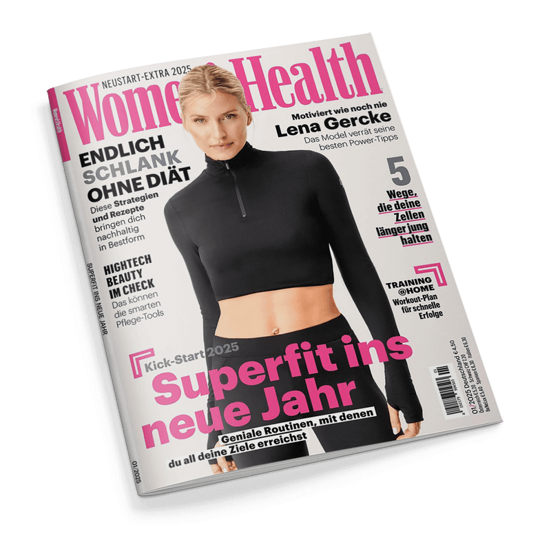 Titelbild der Zeitschrift „Women’s Health“ mit einer blonden Frau in schwarzem, langärmligem Crop-Top mit Stehkragen und Reißverschluss vor weißem Hintergrund; zentrale Covertexte u. a.: „Superfit ins neue Jahr“, „Endlich schlank ohne Diät“, „Motiviert wie noch nie – Lena Gercke“, „Training @Home“, „5 Wege, die deine Zellen länger jung halten“ sowie rubrizierte Themen zu Beauty, Gesundheit und Fitness; Datierung „01/2025“ am Heftrand.