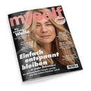 Titelbild der Frauenzeitschrift „myself“ mit großem rosafarbenem Schriftzug „myself“ am oberen Rand, darunter das Gesicht einer blonden Frau mit offenem Haar vor schwarzem Hintergrund; zentrale Schlagzeile: „Einfach entspannt bleiben … in jeder Situation!“, weitere Themen: Haartrends, Entscheidungsfindung, Mode, Ernährung, Jubiläums-Aktion „Geschenke, die man nicht kaufen kann“ sowie „myself 20 Jahre“-Logo in der rechten oberen Ecke.