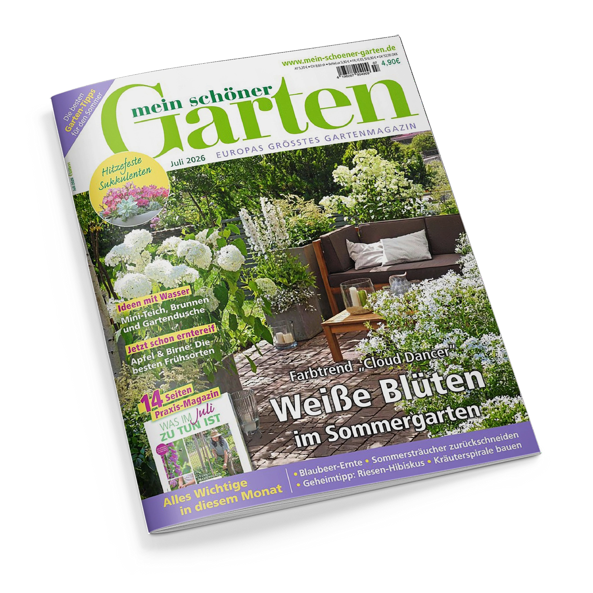 Titelblatt des Gartenmagazins „mein schöner Garten“, Ausgabe Juli 2026, mit dem Titelthema „Weiße Blüten im Sommergarten“ und Unterzeilen zu Blaubeer-Ernte, Sommersträuchern und Kräuterspiralen. Abgebildet ist eine Gartenszene mit weißen Blüten, einer braunen Holzbank mit grauen Kissen und einem kleinen Holztisch auf einer Terrasse, umgeben von dichter grüner Vegetation.