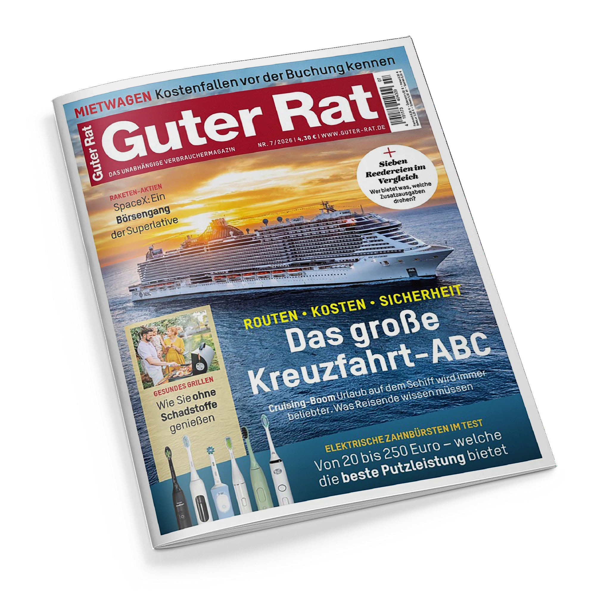 Titelblatt des Verbrauchermagazins „Guter Rat“, Ausgabe Nr. 7/2024. Im Mittelpunkt ein großes Kreuzfahrtschiff auf offenem Meer bei Sonnenuntergang, darüber der Titel „Das große Kreuzfahrt-ABC – Routen, Kosten, Sicherheit“. Oberhalb roter Schriftzug „Guter Rat“, daneben Barcode. Links unten Vorschau mit vier elektrischen Zahnbürsten und Text „Von 20 bis 250 Euro – welche die beste Putzleistung bietet“ sowie kleines Foto zu „Gesundes Grillen – Wie Sie ohne Schadstoffe genießen“.
