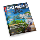Titelbild der Zeitschrift „Reise & Preise“ mit weißem Schriftzug auf blauem Hintergrund, Unterzeile „Den Traumurlaub perfekt planen“. Abgebildet ist eine Küstenlandschaft mit weißem Felsen, türkisblauem Meer, grünem Bewuchs und einem Strand mit Sonnenschirmen. Textaufschriften: „Queensland – Australiens Naturwunder“, „Den Sommer verlängern“, „19 traumhafte Ziele für die Nebensaison“, sowie Reiseziele Istrien, Bangkok, Irland und Marokko.