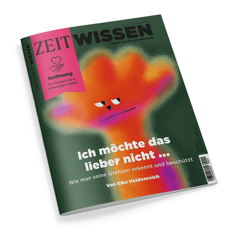 Titelbild der Zeitschrift „ZEIT WISSEN“, Ausgabe Januar/Februar 2025, mit zentraler Illustration eines abstrahierten Gesichts in warmen Farbverläufen von Orange, Violett und Pink auf dunkelgrünem Hintergrund; Aufschrift: „Ich möchte das lieber nicht ... Wie man seine Grenzen erkennt und beschützt. Von Elke Heidenreich“, linker Rand mit pinkem Kasten und Text: „Hoffnung – ihre Bedeutung in schwierigen Zeiten“.