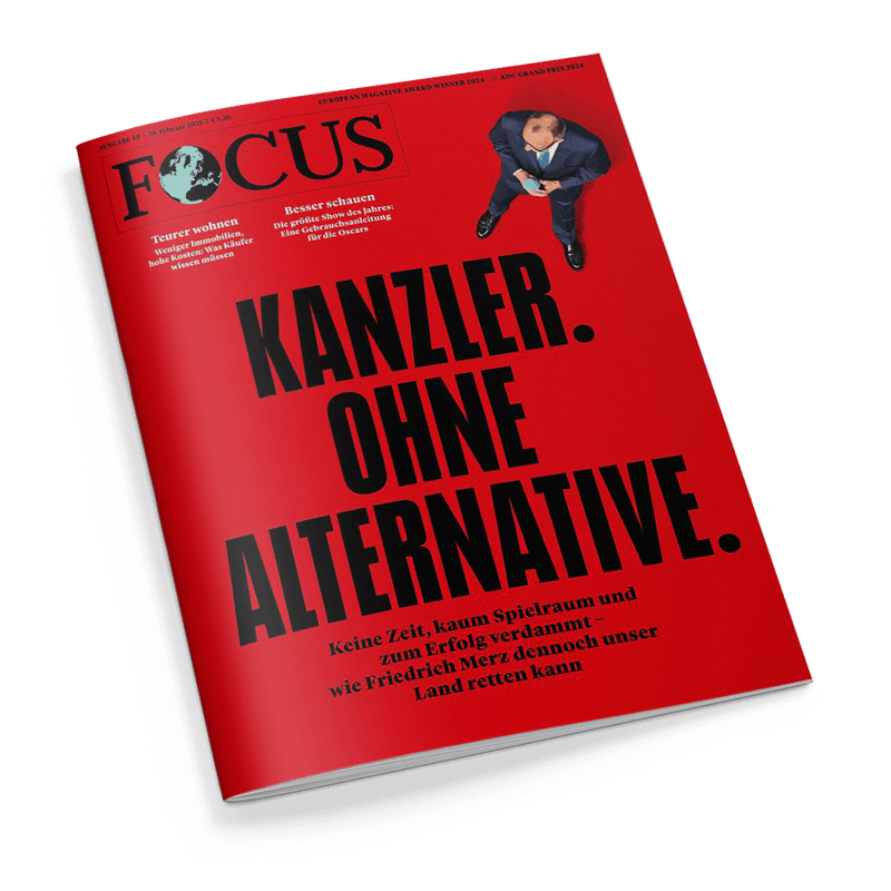 Titelbild der Zeitschrift „FOCUS“  mit rotem Hintergrund, zentralem schwarzen Blocktitel „KANZLER. OHNE ALTERNATIVE.“ und Unterzeile „Keine Zeit, kaum Spielraum und zum Erfolg verdammt – wie Friedrich Merz dennoch unser Land retten kann“, oben rechts eine männliche Person im blauen Anzug mit Hemd und roter Krawatte aus der Vogelperspektive.