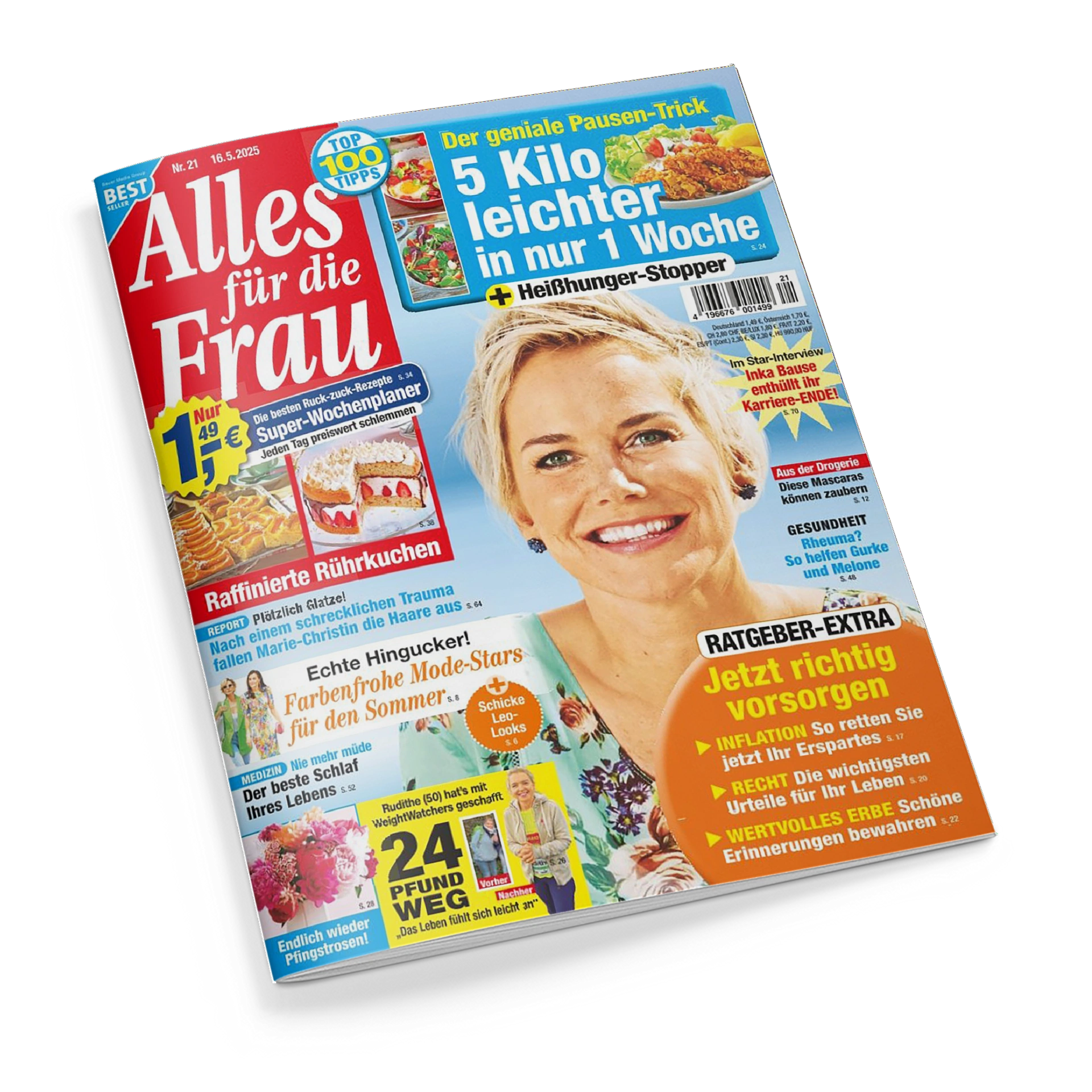 Titelbild der Frauenzeitschrift „Alles für die Frau“ vom 16. Mai 2025, mit einer lächelnden blonden Frau in floraler Bluse vor blauem Hintergrund. Darauf Schlagzeilen wie „5 Kilo leichter in nur 1 Woche“, „Raffinierte Rührkuchen“, „Jetzt richtig vorsorgen“, „Farbenfrohe Mode-Stars für den Sommer“ und „24 Pfund weg“, ergänzt durch kleinere Textfelder in Rot, Gelb und Blau mit Themen zu Gesundheit, Mode und Rezepten.