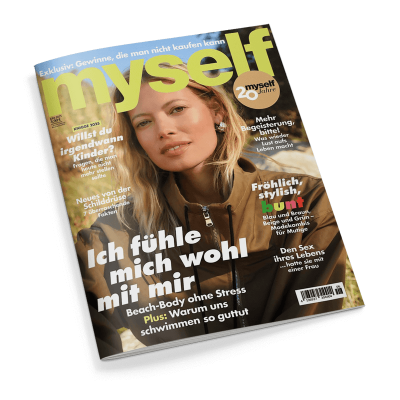 Titelbild der Frauenzeitschrift „myself“ mit großem gelbem Logo am oberen Rand und dem runden Zusatzlogo „20 Jahre myself“; im Zentrum eine blonde Frau mit offenem Haar und brauner Jacke, vor herbstlich-unscharfem Hintergrund. Haupttitel: „Ich fühle mich wohl mit mir“. Weitere Schlagzeilen: „Willst du irgendwann Kinder?“, „Mehr Begeisterung, bitte!“, „Fröhlich, stylish, bunt“, „Schilddrüse – überraschende Fakten“, „Beach-Body ohne Stress“, „Den Sex ihres Lebens – sie hatte ihn mit einer Frau“.