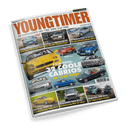 Titelbild der Zeitschrift „Youngtimer“ (Ausgabe Mai/Juni 2025) mit der Überschrift „32 coole Cabrios ab 1250 Euro!“ in großer weiß-gelber Schrift, zentral ein gelber Maserati Spyder, umgeben von neun weiteren Cabrio-Modellen verschiedener Marken, darunter Peugeot 206 CC, BMW Z3, Jaguar XK, Mini 25, auf graublauem Hintergrund; weitere Schlagzeilen zu Themen wie Tuning, Restaurierung und Kaufberatung; Logo „Motor Klassik“ oben rechts.