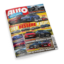 Titelblatt der Autozeitschrift „Auto“ mit rotem Logo auf rotem Hintergrund, großem gelben Schriftzug „Der bessere Kauf!“ und mehreren abgebildeten Autos verschiedener Marken wie VW, Toyota, Audi, Hyundai, Alfa, Renault, Skoda, Mercedes und Mazda. Sichtbare Schlagzeilen zu Vergleichstests, Mittelklasse-Duell und Sechszylinder-Turbodiesel, abgebildet aus schräger Perspektive auf weißem Hintergrund.