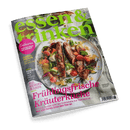 Titelbild der Zeitschrift „essen & trinken“, Ausgabe 6/2025, mit großer Nahaufnahme eines Tellers mit Kräutersalat, Kirschtomaten, weißen Käse-Stücken und drei Scheiben gebratener Kalbsbrust auf hellem Untergrund; Titeltext in Pink: „Frühlingsfrische Kräuterküche“. Weitere Textelemente u. a.: „Erdbeeren – von Kuchen bis Sorbet“, „Doppel-Decker – geniale Sandwiches“, „Kocherlebnisse in Europa“, „Einfach gut – wir feiern das Ei“.