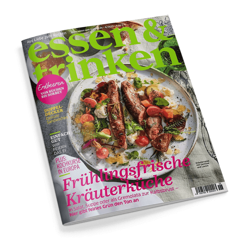 Titelbild der Zeitschrift „essen & trinken“, Ausgabe 6/2025, mit großer Nahaufnahme eines Tellers mit Kräutersalat, Kirschtomaten, weißen Käse-Stücken und drei Scheiben gebratener Kalbsbrust auf hellem Untergrund; Titeltext in Pink: „Frühlingsfrische Kräuterküche“. Weitere Textelemente u. a.: „Erdbeeren – von Kuchen bis Sorbet“, „Doppel-Decker – geniale Sandwiches“, „Kocherlebnisse in Europa“, „Einfach gut – wir feiern das Ei“.