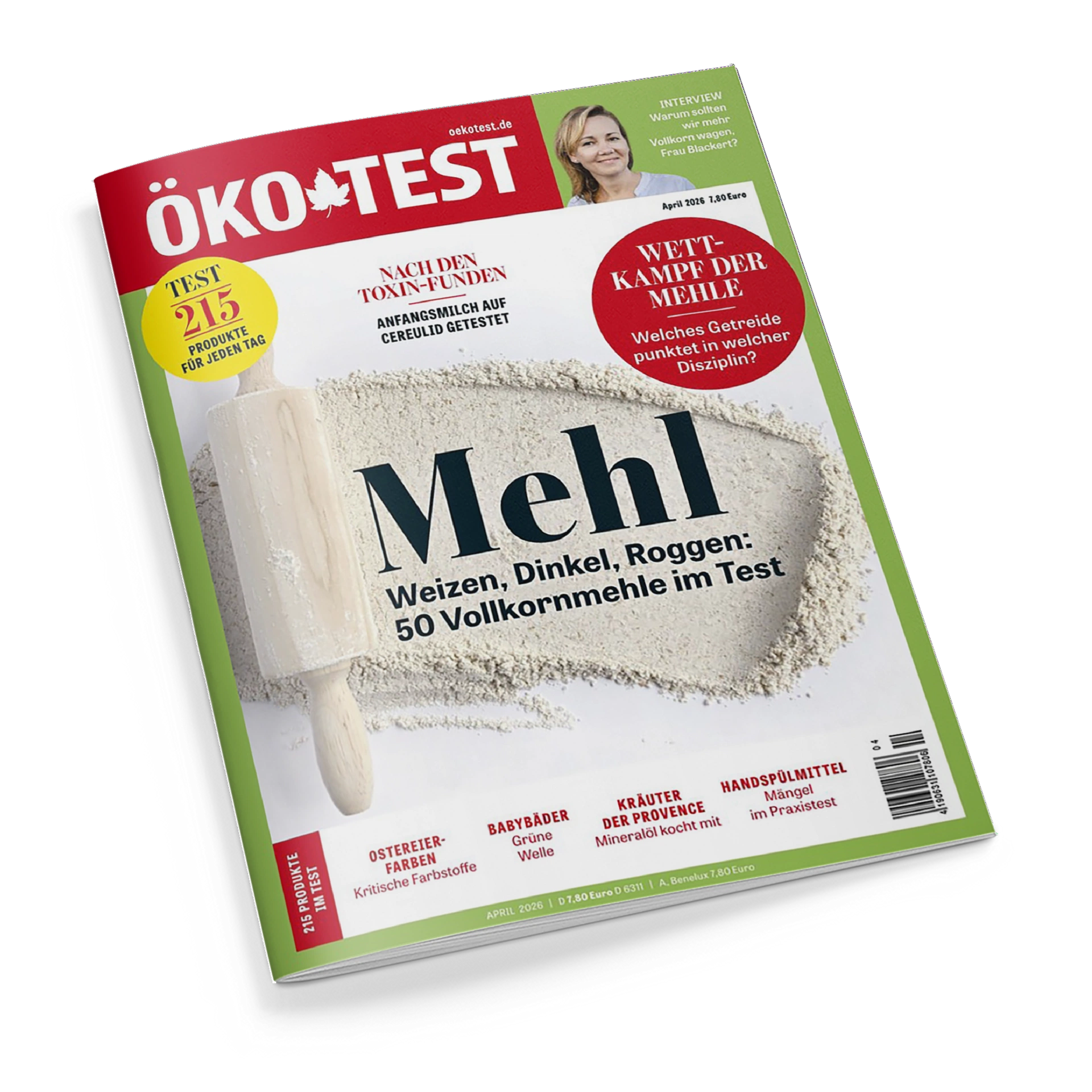 Titelbild der Zeitschrift „ÖKO-TEST“ mit grünem Rand und großer Überschrift „Mehl – Weizen, Dinkel, Roggen: 50 Vollkornmehle im Test“ vor einer Abbildung von ausgebreitetem Mehl und einem hölzernen Nudelholz. Weitere sichtbare Texte: „TEST 215 Produkte für jeden Tag“, „Nach den Toxin-Funden“, „Wettkampf der Mehle“, sowie kleinere Schlagzeilen über Ostereierfarben, Babybäder, Kräuter der Provence und Handspülmittel.