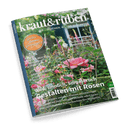 Titelbild der Gartenzeitschrift „kraut&rüben“ mit Fokus auf üppig blühende rosa Rosen im Vordergrund, im Hintergrund grüne Vegetation und ein Fenster mit Fensterläden; sichtbare Schlagzeilen u. a.: „Wild, sinnlich, sommerlich – Gestalten mit Rosen“, „Schneckenfeste Blütenstauden“, „EXTRA-BEILAGE: Mit Haustieren natürlich leben“, „Sauerkirschen – So finden Sie die richtige Sorte“ und ein Aufkleber mit „Großes Sommer-Gewinnspiel“.