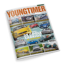 Titelblatt des Magazins „Youngtimer“ (Ausgabe Mai/Juni 2025) mit dem Untertitel „Die Kult-Klassiker der 70er, 80er und 90er“. Im Mittelpunkt ein gelber Maserati Spyder und die Überschrift „Kauf-Tipps: 32 coole Cabrios ab 1250 Euro!“. Weitere abgebildete Fahrzeuge: BMW, Mercedes, Jaguar, Peugeot, Nissan und Mini, dazu Textfelder mit Themen wie Werkstatt-Historie, Tuning-Autos und Restaurierungen, vor hellblauem Hintergrund.