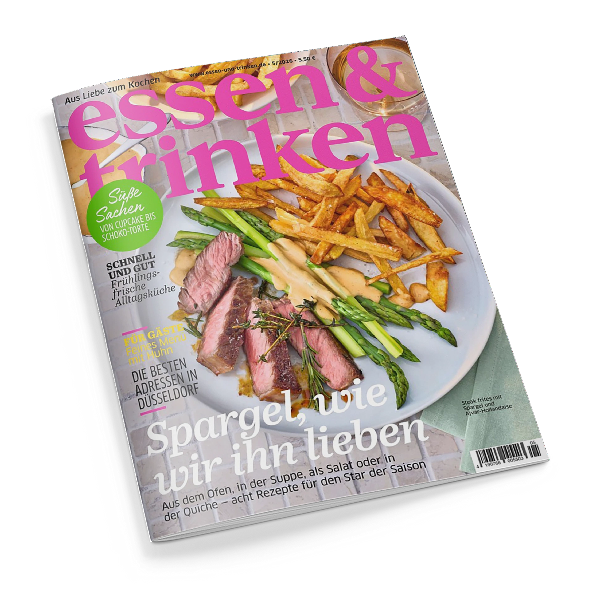 Titelblatt der Zeitschrift „essen & trinken“ in pinker Schrift auf hellgrauem Hintergrund mit Fotografie eines Tellers mit gebratenem Fleisch, grünem und weißem Spargel, Pommes frites und heller Soße. Aufschriften u. a.: „Süße Sachen – von Cupcake bis Schoko-Torte“, „Schnell und gut – Frühlingsfrische Alltagsküche“, „Spargel, wie wir ihn lieben“ sowie Themenhinweise zu Rezepten und Reisezielen.