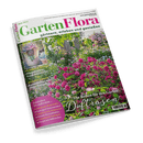 Titelbild der Zeitschrift „GartenFlora“ Ausgabe Juni 2025 mit dem Haupttitel „Die Besten für den Garten – Duftrosen“, im Hintergrund ein üppiger Garten mit vielen pinken und violetten blühenden Rosensträuchern; links oben eine Fotografie eines Blumentopfs mit Sukkulenten sowie Text: „Für Balkon & Terrasse: Pflegeleichte Trocken­künstler“ und „Wir haben getestet: Rasenmäher mit Akku-Antrieb“, unten lilafarbener Kreis mit weiteren Themen wie „Genüsse mit Bitterstoffen“ und „Rezepte mit Süßkirschen“.