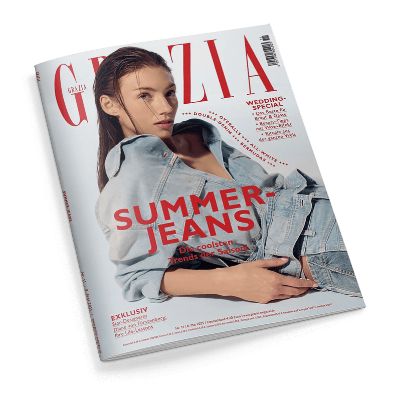 Titelbild der Zeitschrift „GRAZIA“ mit einer jungen weiblichen Person in hellblauer Jeansjacke und nassem Haar vor hellem Hintergrund, zentrale rote Aufschrift „SUMMER-JEANS – Die coolsten Trends der Saison!“, weitere sichtbare Texte: „WEDDING SPECIAL“, „EXKLUSIV Star-Designerin Diane von Furstenberg: Ihre Life-Lessons“, Ausgabennummer 11, Mai 2025, Preisangabe und Website in kleiner Schrift am unteren Rand.