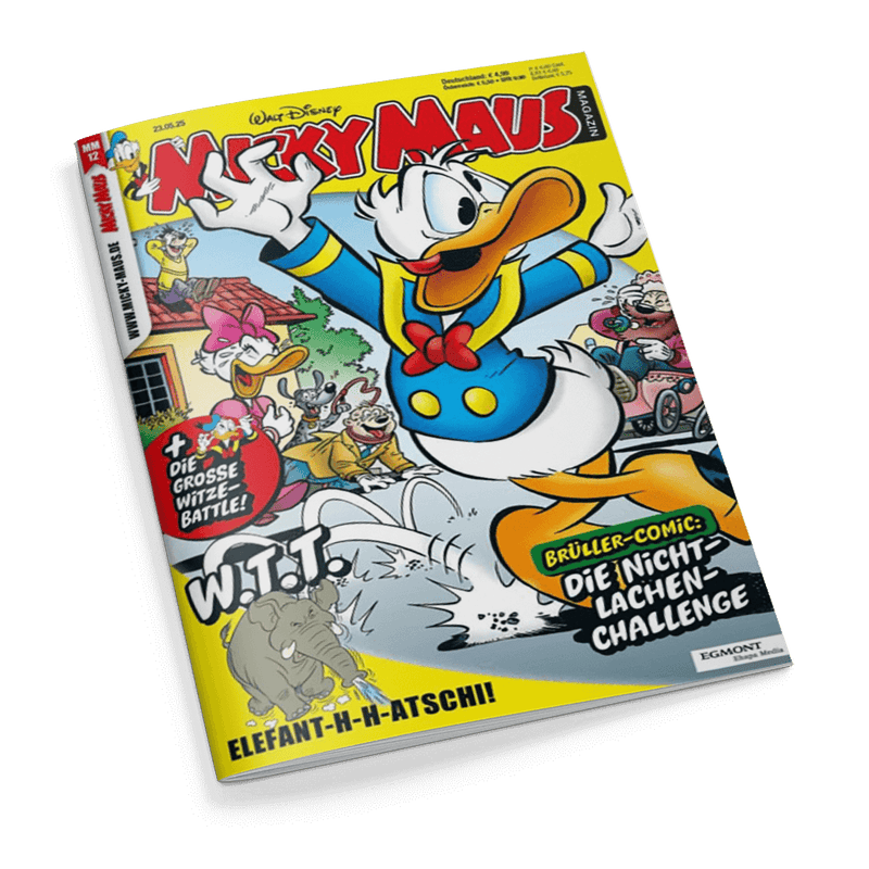 Titelbild des „Micky Maus Magazin“ mit Donald Duck im blauen Matrosenanzug als zentrale Figur, umgeben von weiteren Comicfiguren wie Daisy Duck und einem Elefanten im unteren linken Eck, Textelemente u. a.: „Brüller-Comic: Die Nicht-Lachen-Challenge“, „Die große Witze-Battle!“, „W.I.T.T.“ und „Elefant-h-h-atschii“, Hintergrund in Comicstil mit kräftigen Farben und gelbem Rand, Verlagslogo „Egmont Ehapa Media“ unten rechts.