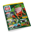 Titelbild des „WAS IST WAS“-Magazins Nr. 5 mit grünem Hintergrund und zentralem Bild eines rotäugigen Laubfroschs mit orangefarbenen Füßen; sichtbare Textelemente: „Amphibien – Leben im Wasser und an Land“, „Wetter – Zerstörerische Winde“, „Märchen – Menschen, die zu Tieren werden“, „Seeotter – Schlau und dickes Fell“, „2 tolle Poster“ sowie Themenleiste oben: „Schwimmende Autos“, „Frösche“, „Kaulquappen“.