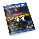 Titelseite der Zeitschrift „GameStar XL“ mit blauem Kopfbereich und weißem Logo, zentral großflächiger Schriftzug „Echtzeit-Revival 2025“ auf dunklem Hintergrund mit roten Kriegsmaschinenelementen und Figur in Uniform mit roter Mütze und Gasmaske, darunter mehrere Artikelankündigungen zu Spielen wie „Clair Obscur: Expedition 33“, „Baldur’s Gate 3“, „Oblivion Remastered“, Altersfreigabe „USK 16“, Heft 06/2025, Preisangabe und Barcode unten rechts.