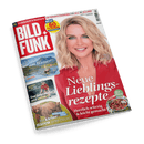 Titelbild der TV-Zeitschrift „BILD + FUNK“ mit großem Porträt einer lächelnden weiblichen Person mit blondem, schulterlangem Haar und roter Bluse, rechts daneben Text „Neue Lieblingsrezepte – Herrlich würzig & leicht gemacht – Mit Hack“ neben einer Schüssel mit Hackgericht; weitere Titel: „Urlaub am Wasser – Die schönsten Seen in Deutschland + Österreich“, „Eine junge Mutter wird entführt“, „Was kleine Bären lernen müssen“, „NEU! 60 TV-SENDER EXTRAGROSS“.