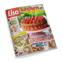 Titelbild der Zeitschrift „Lisa kochen & backen“, Ausgabe Mai/Juni 2025, mit Erdbeer-Schoko-Torte im Mittelpunkt und roter Überschrift „Himmlisch backen mit Erdbeeren“ davor; weitere sichtbare Texte: „Extra – 16 Seiten Spar-Rezepte“, „Preiswerte Gerichte, die glücklich machen“, „Spargel-Küche“, „Praktisch & Lecker“, „Jetzt Grillen!“ und „Pekan-Kuchen“ mit mehreren kleineren Essensfotos auf weißem Untergrund.