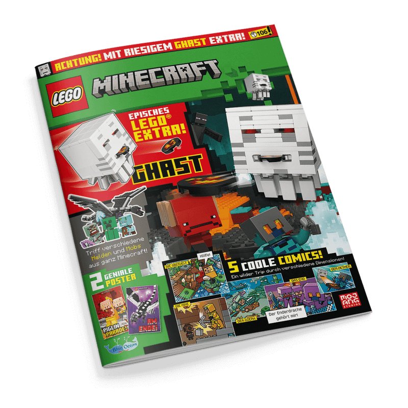 Titelbild eines LEGO Minecraft Magazins mit rotem und grünem Hintergrund; mittig großes Bild eines weißen LEGO-Ghasts mit rotem Gesichtsausdruck in pixeliger Minecraft-Optik, darüber der Schriftzug „EPISCHES LEGO EXTRA! GHAST“; oben links LEGO-Logo und „MINECRAFT“-Schriftzug in grauen Blockbuchstaben; unten Hinweis auf „2 geniale Poster“, „5 coole Comics“ und mehrere Comic-Vorschaubilder mit Titeln wie „PIGLIN PARADE“ und „DER ENDERDRACHE GEHÖRT MIR!“.
