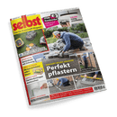 Titelbild der Zeitschrift „selbst ist der Mann – Das Do-it-yourself-Magazin“, mit Hauptthema „Perfekt pflastern“ über das selbstständige Anlegen einer Einfahrt, gezeigt durch mehrere Fotos eines knieenden Mannes beim Verlegen von Pflastersteinen; weitere Themen: Vergleichstest von Mährobotern, Gartenbank bauen, Mini-Gewächshaus, Dachbodentreppe tauschen, Fliesen lackieren, Sichtschutz montieren und Ablaufrinne einbauen.