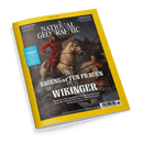 Titelbild der März-2023-Ausgabe von „National Geographic“ mit gelbem Rahmen; im Zentrum zwei bewaffnete, kämpfende Figuren in rotbrauner Kleidung auf Pferden vor stürmischem Himmel, darüber der Titel „DIE SAGENHAFTEN FRAUEN DER WIKINGER“ und Untertitel „Wahrheit oder Legende? Was die Archäologie über die Schildmaiden der nordischen Sagas herausgefunden hat“; sichtbar sind weitere Rubriken wie „GRÜNES HERZ“, „E-MOBILITÄT“ und „EULEN-FREUNDE“.