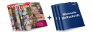 Fünf nebeneinander gefächerte Zeitschriften, darunter sichtbar „Gala“, „Stern“, „Für Sie“, „Der Spiegel“ und „Auto Motor und Sport“ mit farbig gestalteten Covern; daneben drei blaue Magazine mit weißer Aufschrift „Wunsch-Zeitschrift“ und kleinem Logo „Leserkreis Daheim“ in der oberen rechten Ecke, mittig dazwischen ein Pluszeichen.