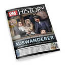 Titelblatt des Magazins „P.M. HISTORY“ Ausgabe 06/2025 mit dem Hauptthema „Ciao Heimat! Auswanderer – Von Menschen, die in der Ferne ihr Glück suchten“. Im mittleren Bild sind eine Frau, ein Mann und drei Kinder in historischer Kleidung auf einem Schiff zu sehen, braun-beige Farbtöne dominieren. Weitere Textfelder: „WATERLOO – 1815: Napoleons Niederlage...“, „CHINA-FAHRER“, „STOLZE RIVALEN“, „SPASS PUR“.
