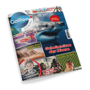 Titelbild des Magazins „Galileo Genial“ mit zentral abgebildetem weißen Hai im blauen Wasser, umgeben von Texten wie „Geheimnisse der Meere“, „Sahara-Staub unter der Lupe“, „Neandertaler vs. Homo Sapiens“, „Entdecker der Unterwasserwelt“ und „Knick in der Optik“; oben links das „Galileo Genial“-Logo, rechts ein Barcode, unten und seitlich mehrere kleine Bilder von Kindern, Neandertalern und Naturaufnahmen.
