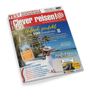Titelbild des Reisemagazins „Clever reisen!“ Nr. 2/2025 mit rotem Logo oben mittig und dem Slogan „Das Insider-Reisemagazin seit 1986“, im Zentrum eine Person in weißem Sommerkleid und Sonnenhut am Palmenstrand, Titel „Urlaub perfekt – über 500 Insidertipps“, Themen u. a.: „Flusskreuzfahrten“, „Unsere Lieblingsziele am Mittelmeer“, „Botswana“, „Australien“, „Südostasien“, mit gelbem Störer „EXTRA im Heft“ unten rechts.