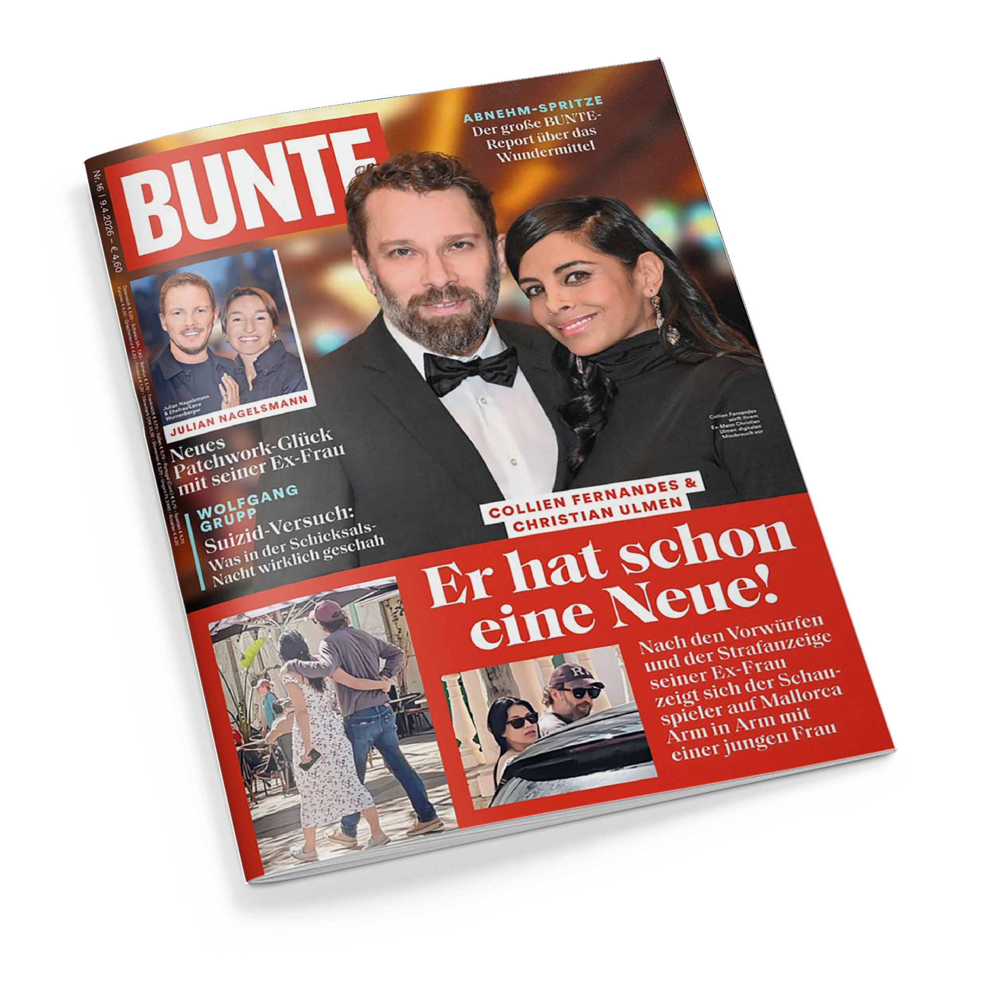 Titelblatt der Zeitschrift „BUNTE“ mit rotem Hintergrund und großem weißen Schriftzug. Im Mittelpunkt ein Mann im schwarzen Anzug mit Fliege und eine Frau in schwarzem Kleid, dazu Textfelder mit Überschriften wie „Er hat schon eine Neue!“, „Collien Fernandes & Christian Ulmen“, „Julian Nagelsmann“ und „Wolfgang Grupp“. Unten zwei kleinere Fotos von einem Paar beim Spaziergang und im Auto, oben rechts gelber Text zu einer Abnehm-Spritze.