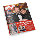Titelblatt der Zeitschrift „BUNTE“ mit rotem Hintergrund und großem weißen Schriftzug. Im Mittelpunkt ein Mann im schwarzen Anzug mit Fliege und eine Frau in schwarzem Kleid, dazu Textfelder mit Überschriften wie „Er hat schon eine Neue!“, „Collien Fernandes & Christian Ulmen“, „Julian Nagelsmann“ und „Wolfgang Grupp“. Unten zwei kleinere Fotos von einem Paar beim Spaziergang und im Auto, oben rechts gelber Text zu einer Abnehm-Spritze.