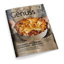 Titelbild der Food-Zeitschrift „Lust auf Genuss“, Ausgabe Nr. 2, zeigt eine runde, weiße Auflaufform mit überbackenem Ragout aus Rind, Guanciale, Portwein und Kartoffelpüree-Haube auf beigem Stofftuch; im Hintergrund sind zwei neutral gekleidete, teils sichtbare Personen zu erkennen. Aufschrift oben rechts: „FEINES AUS DEM OFEN – Wohliger Genuss für Leib & Seele“, darunter zentrale Textzeile: „GRATINIERT, GESCHMORT, ÜBERBACKEN – KÖSTLICH!“.