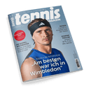 Titelbild des „tennis magazin“ Hefts 1–2/2025 mit einem jungen, männlichen Sportler in blauem Trikot und schwarzem Stirnband mit weißem Adidas-Logo, zentral platziert vor hellblauem Hintergrund; sichtbare Schlagzeilen: „Zverev im Interview – Am besten war ich in Wimbledon“, „DIE DOPPELWELTMEISTER – Darum sind Kevin Krawietz und Tim Pütz so stark“, „REISEN – Camps in Kroatien und der Türkei“, „SCHLÄGER-TEST – 18 Rackets für Turnierspieler“, „JASMINE PAOLINI – Unsere WTA-Frau des Jahres“.
