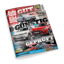 Titelbild der Autozeitschrift „Auto Bild“,  mit großem Schriftzug „GÜNSTIG“ über zwei zentral abgebildeten Autos (weißes K-PR 1388, rotes M-MG 1008); Themen: Vergleich Dacia Duster vs. MG ZS Hybrid, geprüfte gebrauchte VW-Modelle, Tesla Model Y Facelift, Skoda Enyaq RS, BMW M5 Touring gegen Audi RS 6, Kauftipp Kia Sorento, Nio Firefly, blaue Fußzeile mit Text „Gigant auf großer Tour“.