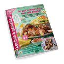 Titelbild der Zeitschrift „kochen & genießen“ mit grün-pinkem Farbschema; zentrale Bildfläche zeigt angerichtete Cordon-bleu-Frikadellen mit Sauce auf grünem Teller, dahinter ein großer Auflauf mit Pasta und Gemüse. Hauptüberschrift in pink: „So gut schmeckt’s nur mit Hack!“. Weitere Texte: „Neue Kasten­kuchen“, „Gute-Laune-Snacks“, „Herzhafte Pfannkuchen“, „Französische Bistro-Hits“ und „ENDLICH BÄRLAUCH!“. Linker Rand mit rotem Streifen und weißer Schrift: „kochen & genießen“.