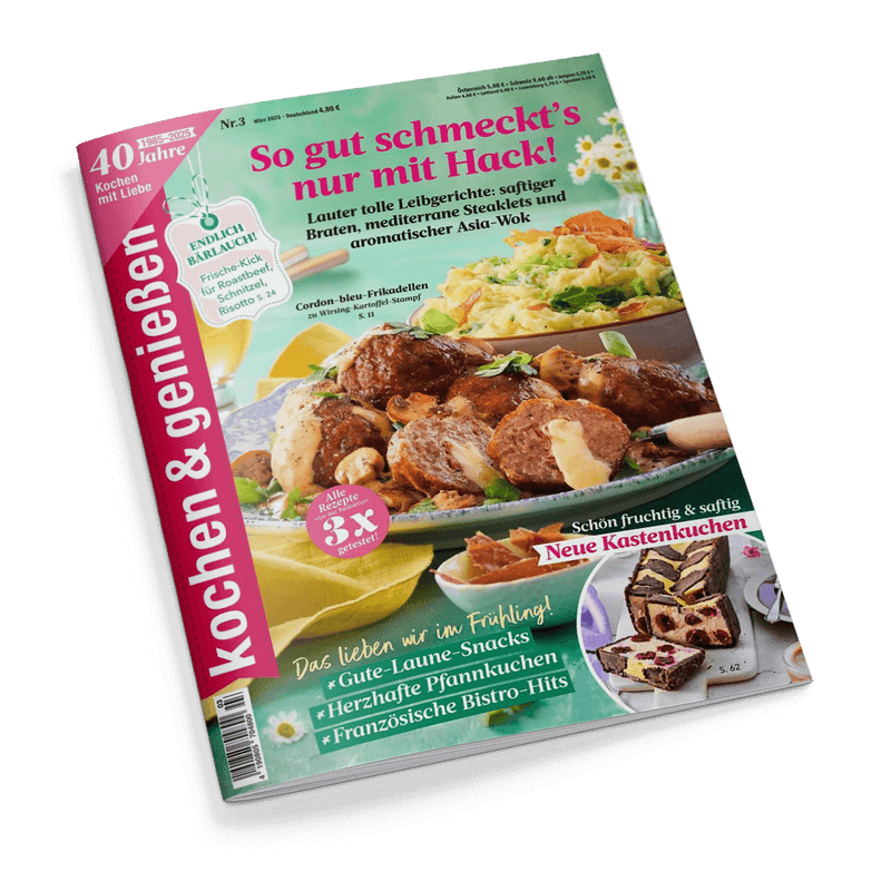 Titelbild der Zeitschrift „kochen & genießen“ mit grün-pinkem Farbschema; zentrale Bildfläche zeigt angerichtete Cordon-bleu-Frikadellen mit Sauce auf grünem Teller, dahinter ein großer Auflauf mit Pasta und Gemüse. Hauptüberschrift in pink: „So gut schmeckt’s nur mit Hack!“. Weitere Texte: „Neue Kasten­kuchen“, „Gute-Laune-Snacks“, „Herzhafte Pfannkuchen“, „Französische Bistro-Hits“ und „ENDLICH BÄRLAUCH!“. Linker Rand mit rotem Streifen und weißer Schrift: „kochen & genießen“.