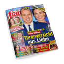 Titelbild der Zeitschrift „frau aktuell“, Ausgabe Nr. 5, mit einem großformatigen Foto eines lächelnden Mannes in blauem Anzug und einer Frau mit lila Ohrringen vor blau-violettem Hintergrund; Hauptüberschrift: „Thronverzicht aus Liebe“, weitere Texte: „Kate braucht ihn so sehr“, „Prinz William“, u. a. Themen: „Herzogin Meghan“, „Mary & Frederik“, „Andy Borg“, „Happy End für die Familie“, „6 Seiten Rezepte“, TV-Programm-Rätselteil, reduzierte Farben in Rot, Gelb und Blau.