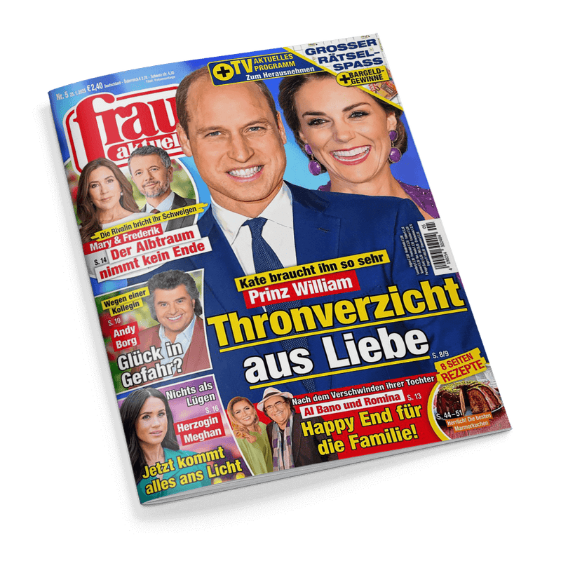 Titelbild der Zeitschrift „frau aktuell“, Ausgabe Nr. 5, mit einem großformatigen Foto eines lächelnden Mannes in blauem Anzug und einer Frau mit lila Ohrringen vor blau-violettem Hintergrund; Hauptüberschrift: „Thronverzicht aus Liebe“, weitere Texte: „Kate braucht ihn so sehr“, „Prinz William“, u. a. Themen: „Herzogin Meghan“, „Mary & Frederik“, „Andy Borg“, „Happy End für die Familie“, „6 Seiten Rezepte“, TV-Programm-Rätselteil, reduzierte Farben in Rot, Gelb und Blau.