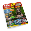 Titelblatt des Kindermagazins „FRAG doch mal… Das Wissensmagazin“ mit großem Foto eines Hirschkäfers auf grünem Hintergrund, darüber weiße und rote Schrift „HIRSCHKÄFER! Welche haben ein Geweih?“. Weitere Fotos zeigen eine Solaranlage mit Text „Sonnenenergie!“, einen gelben Zug auf Schienen mit „Zugabenteuer!“, Erdmännchen, einen Tiger, eine Achterbahn und Menschen beim Rafting, unten Hinweis „2 Poster“ und Verlagslogo „Blue Ocean“.