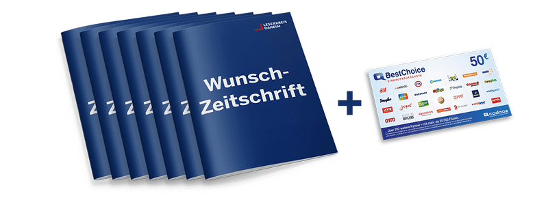 Sieben identisch gestaltete Magazine mit dunkelblauem Umschlag, weißer Aufschrift „Wunsch-Zeitschrift“ und kleinem rot-weißem Logo „Leserkreis Daheim“ oben rechts; daneben eine BestChoice-Einkaufsgutschein-Karte im Wert von 50 €, mit Logos zahlreicher Marken wie H&M, Zalando, IKEA, OTTO und MediaMarkt auf weißem Hintergrund, rechteckig im Querformat angeordnet.