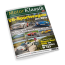 Titelblatt der Zeitschrift „Motor Klassik“ mit grün-gelbem Schriftzug oben und dem Haupttitel „V6‑Sportwagen der 80er“ in großen gelben Buchstaben. Im oberen Bildbereich drei klassische Fahrzeuge (silberner Alfa Romeo GTV6, roter Ford Capri, blauer Renault Alpine A310 V6) auf einer Landstraße, darunter kleinere Fotos weiterer Oldtimer und ein Bild einer Person neben einem weißen Mercedes W123.
