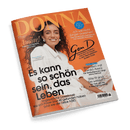 Titelbild der Zeitschrift „DONNA“ mit orangefarbenem Hintergrund, im Vordergrund eine dunkelhaarige Frau in weißer Bluse, die lächelnd nach vorn blickt; zentrale Überschrift: „Es kann so schön sein, das Leben“; weitere sichtbare Texte: „Amore! Italienische Rezepte, ganz easy“, „Meine Zeit ist jetzt!“, „Gen D – Generation DONNA“, „Unglaubliche Lovestorys“, „Wandern mit Ewald Arenz“, „Wie fit sind Sie wirklich?“ sowie ein sichtbarer Barcode am unteren rechten Rand.
