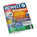 Titelblatt des Computermagazins „PC-WELT+“ Ausgabe 6/2025 mit Schwerpunkt auf „Windows Update-Garantie“. Schriftzüge und Themenblöcke in Blau, Orange, Grün und Weiß; abgebildet sind Symbole für DVDs, Laptops und ein Schild-Icon. Weitere Textelemente: „Sicherheits-BOX“, „Sicherheit XXL“, „Linux Einsteiger-Paket“, „Lokale KI-Tools“ und „Fritzbox & Co. gratis verbessern“.