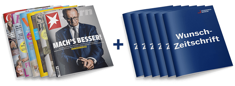 Sechs unterschiedlich gestaltete Zeitschriften mit sichtbaren Titeln wie z. B. „Stern“, „Vital“ und „Für Sie“, frontale Ansicht mit teils lesbaren Schlagzeilen, rechts daneben sechs identisch aussehende blaue Hefte mit weißer Aufschrift „Wunsch-Zeitschrift“ und kleinem Logo „Leserkreis Daheim“ oben rechts, alle Hefte leicht versetzt gestaffelt. Dazwischen ein Pluszeichen.