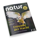 Titelseite der Zeitschrift „natur“, Ausgabe 6/2023, mit einer fliegenden hellbraun-weißen Schleiereule vor dunklem Hintergrund. Überschrift in gelber Schrift: „Freunde der Nacht“, Untertitel: „Wie sich Eulen in der Welt behaupten“. Weitere Texte: „Jaguarundi“, „Zertifiziertes Palmöl“, „Vogelzügen“ und ein gelber Kreis mit Hinweis auf Schwerpunktthema Tierbegegnungen.